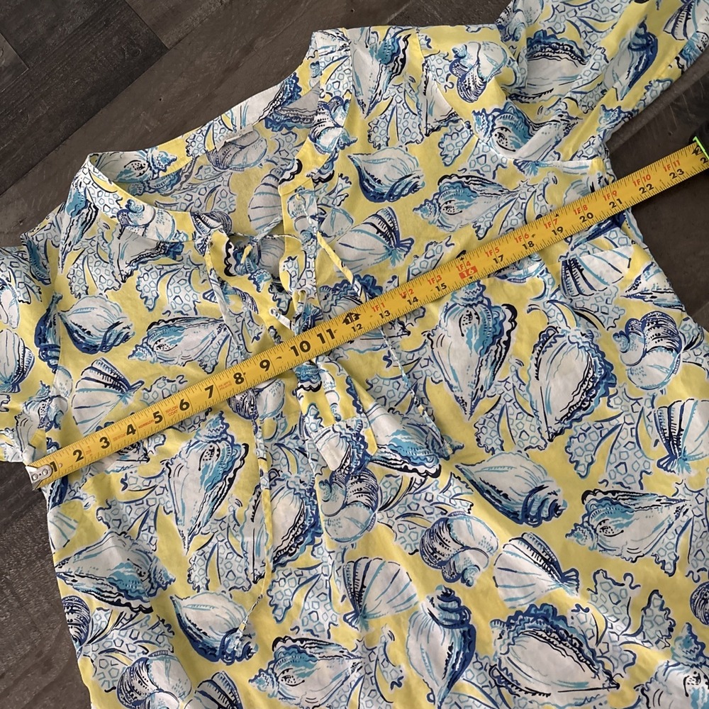 Talbots Seashell Print Top Womens Plus 1X Yellow Blue Lace Up Neck Coastal - Picture 9 of 11